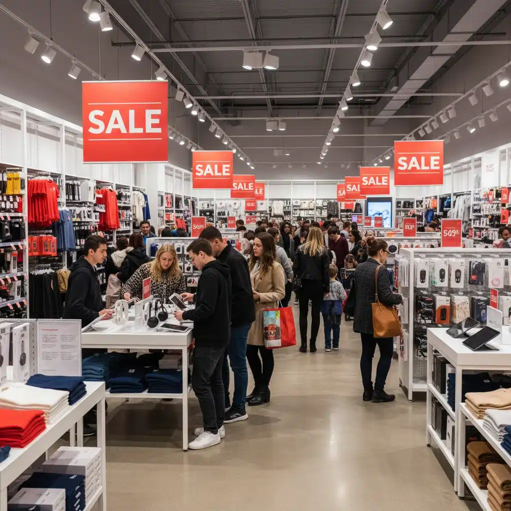 Shoppers in a store, looking at discounted holiday items.