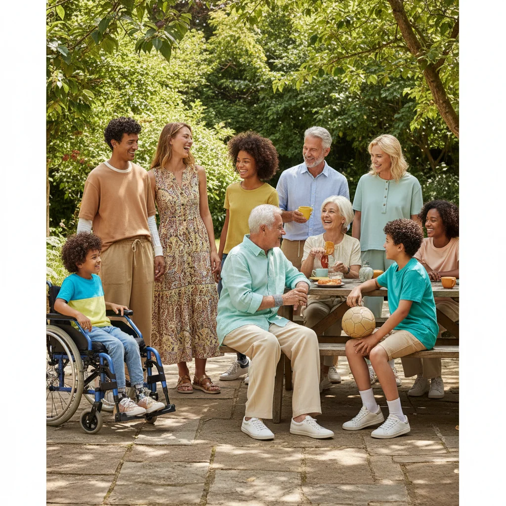 Diverse individuals enjoying outdoor activities in comfortable and stylish adaptive summer clothing.