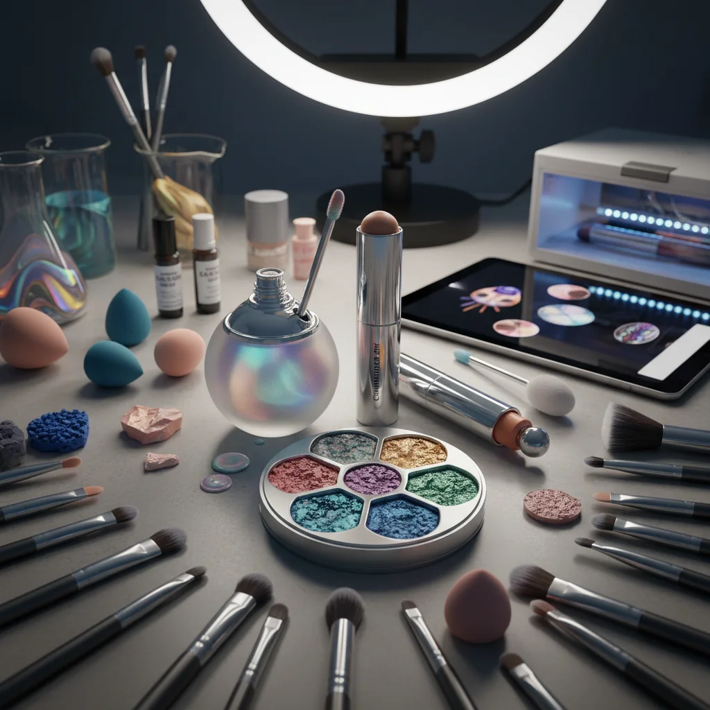 Innovative makeup products on a vanity, showcasing unique formulations and packaging