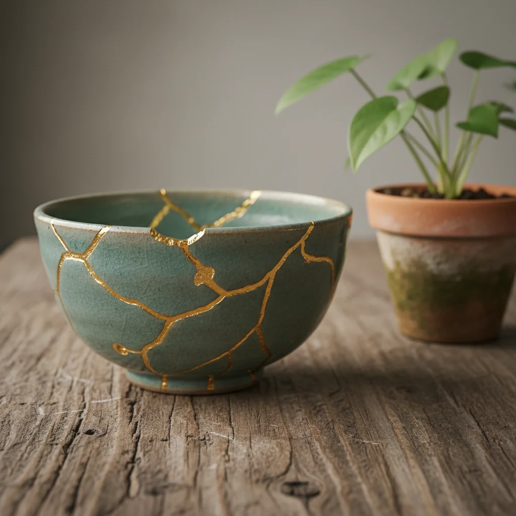 Kintsugi ceramic bowl symbolizing Wabi-Sabi imperfection