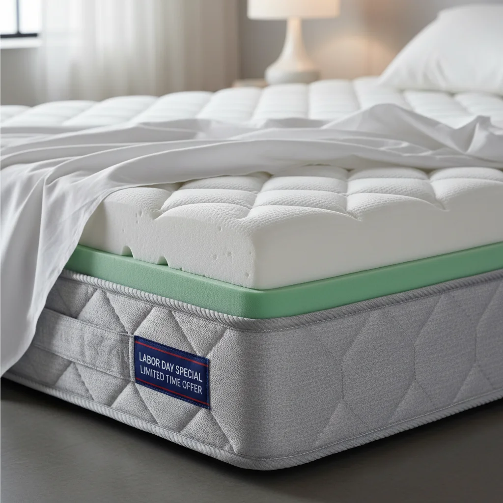 High-quality memory foam mattress with visible layers and sale tag