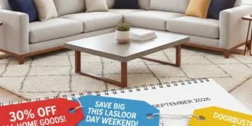Labor Day 2026: Unbeatable Mattress & Furniture Deals - Save Big! Modern living room with Labor Day 2026 sale tags on furniture