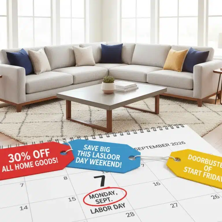 Modern living room with Labor Day 2026 sale tags on furniture