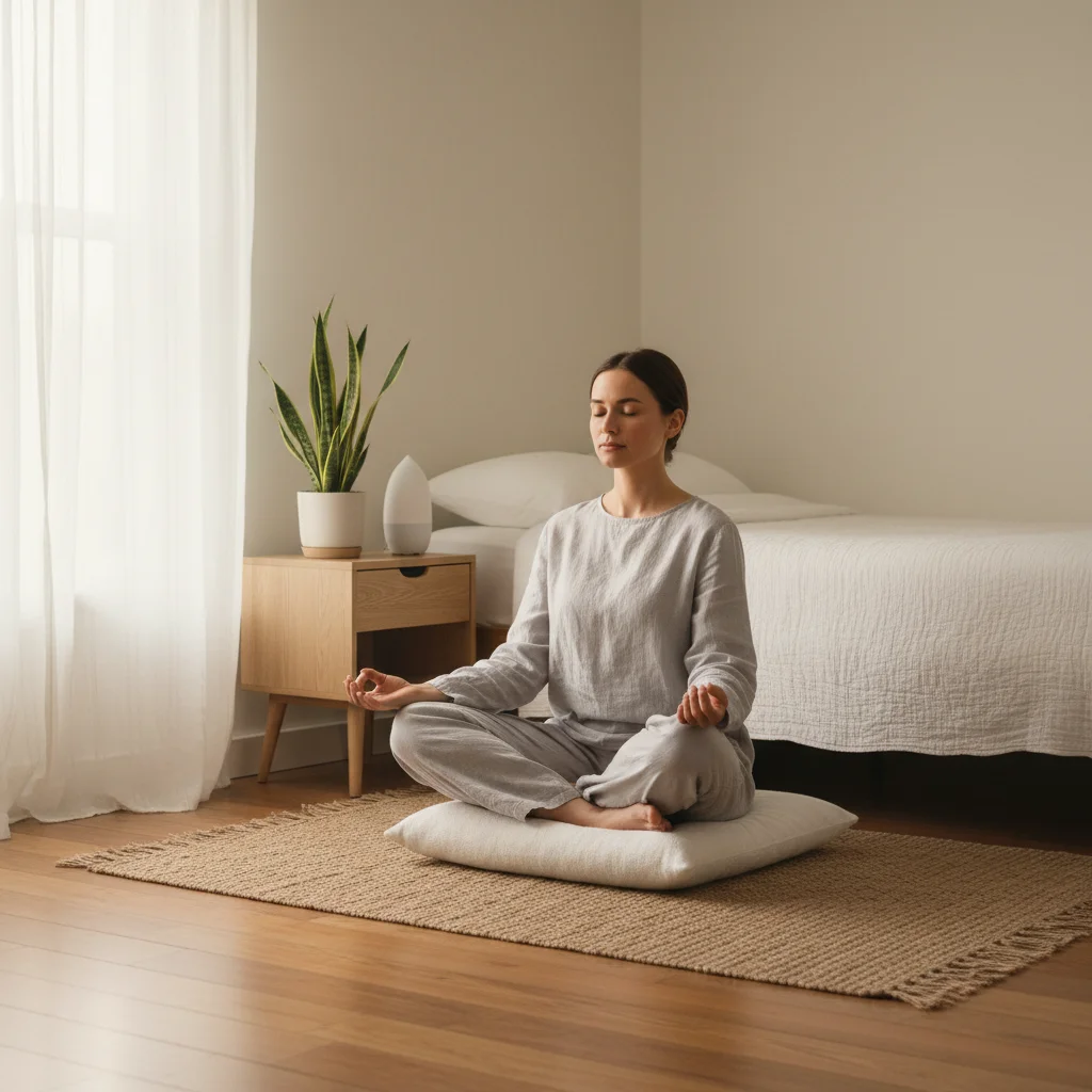 Individual meditating in a peaceful, uncluttered bedroom environment.