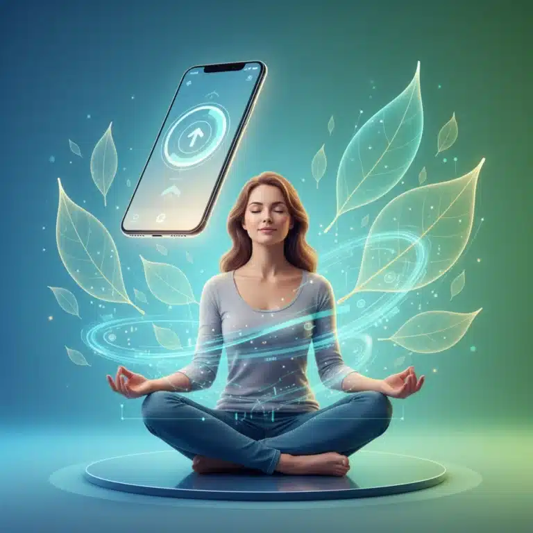 Woman meditating with digital well-being apps on smartphone