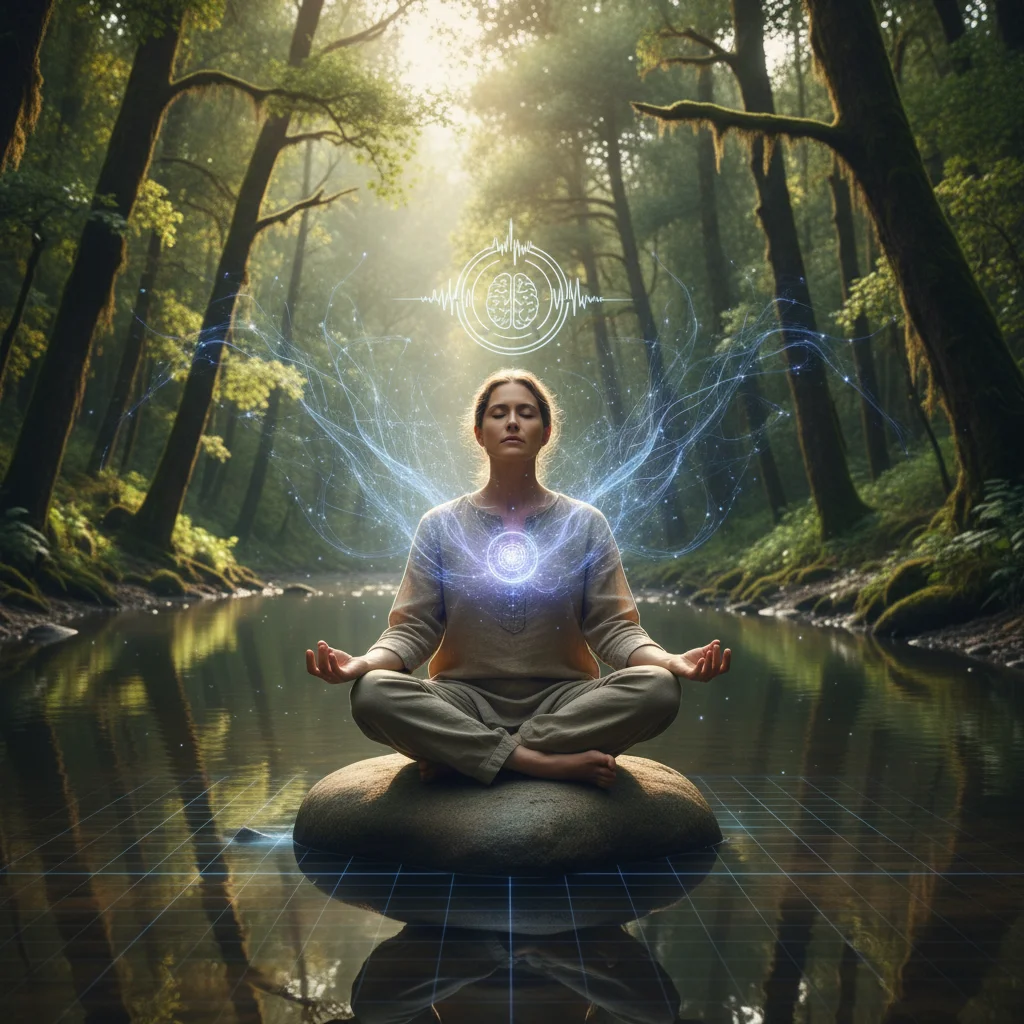 Person meditating in nature with digital overlays, symbolizing enhanced focus and well-being.