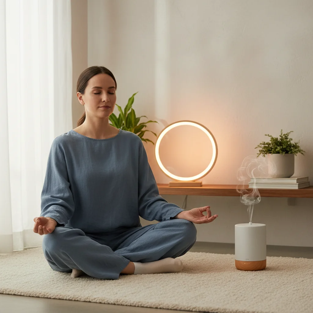 Person meditating with smart light therapy and aroma diffuser