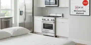 Modern kitchen with new stainless steel appliances and a plush mattress, signaling Memorial Day Sales 2026