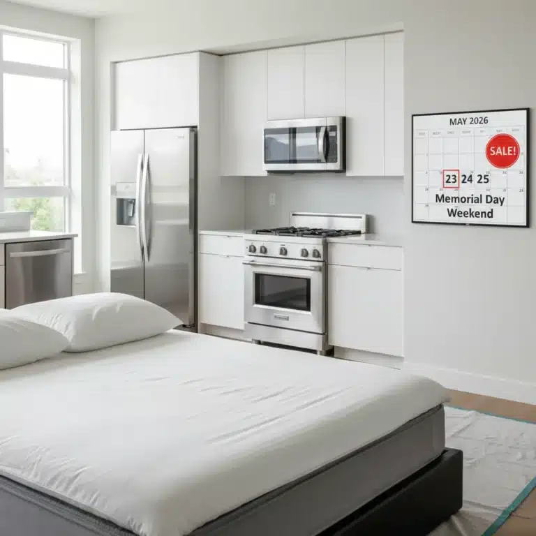 Modern kitchen with new stainless steel appliances and a plush mattress, signaling Memorial Day Sales 2026