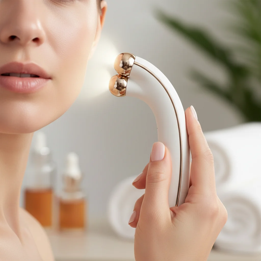 Close-up of a microcurrent facial toning device being used on a person's face for anti-aging and skin tightening.