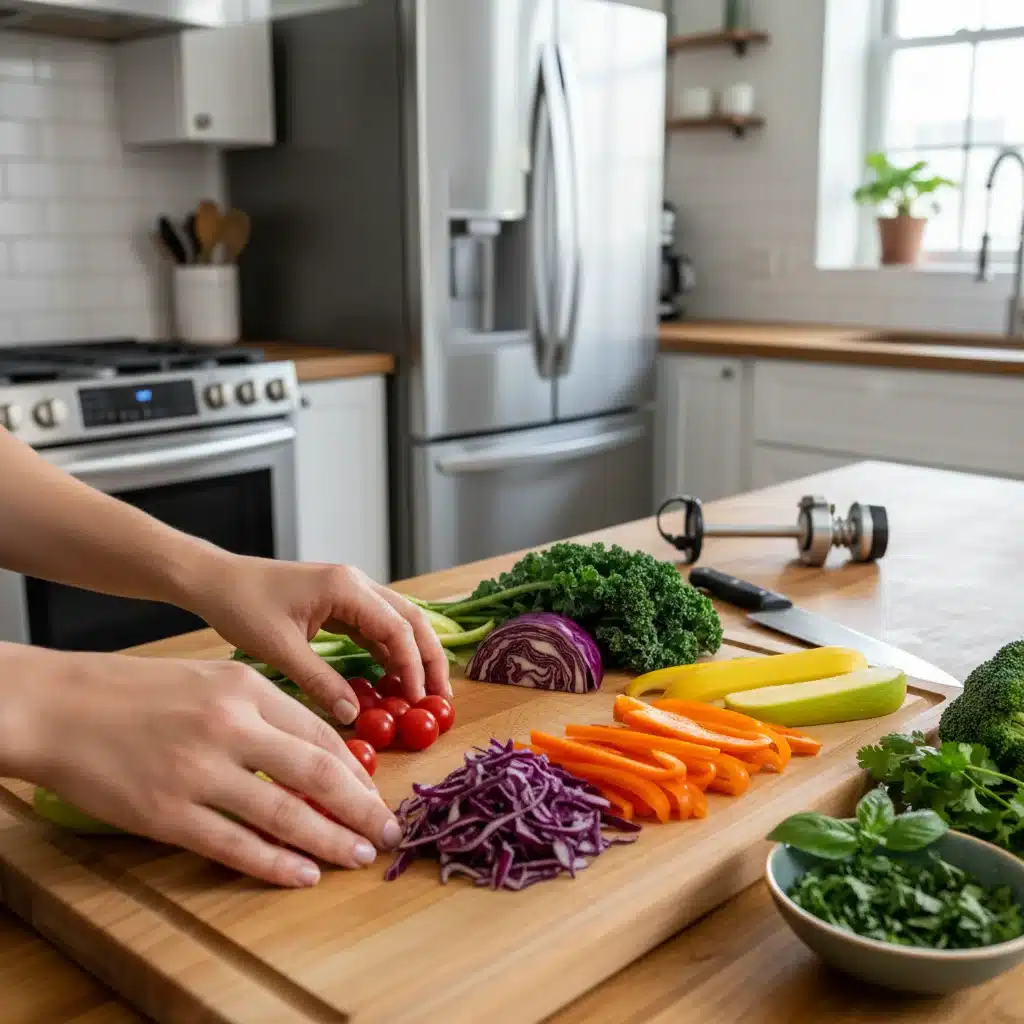 Hands preparing a vibrant, healthy meal with fresh vegetables in a modern kitchen.