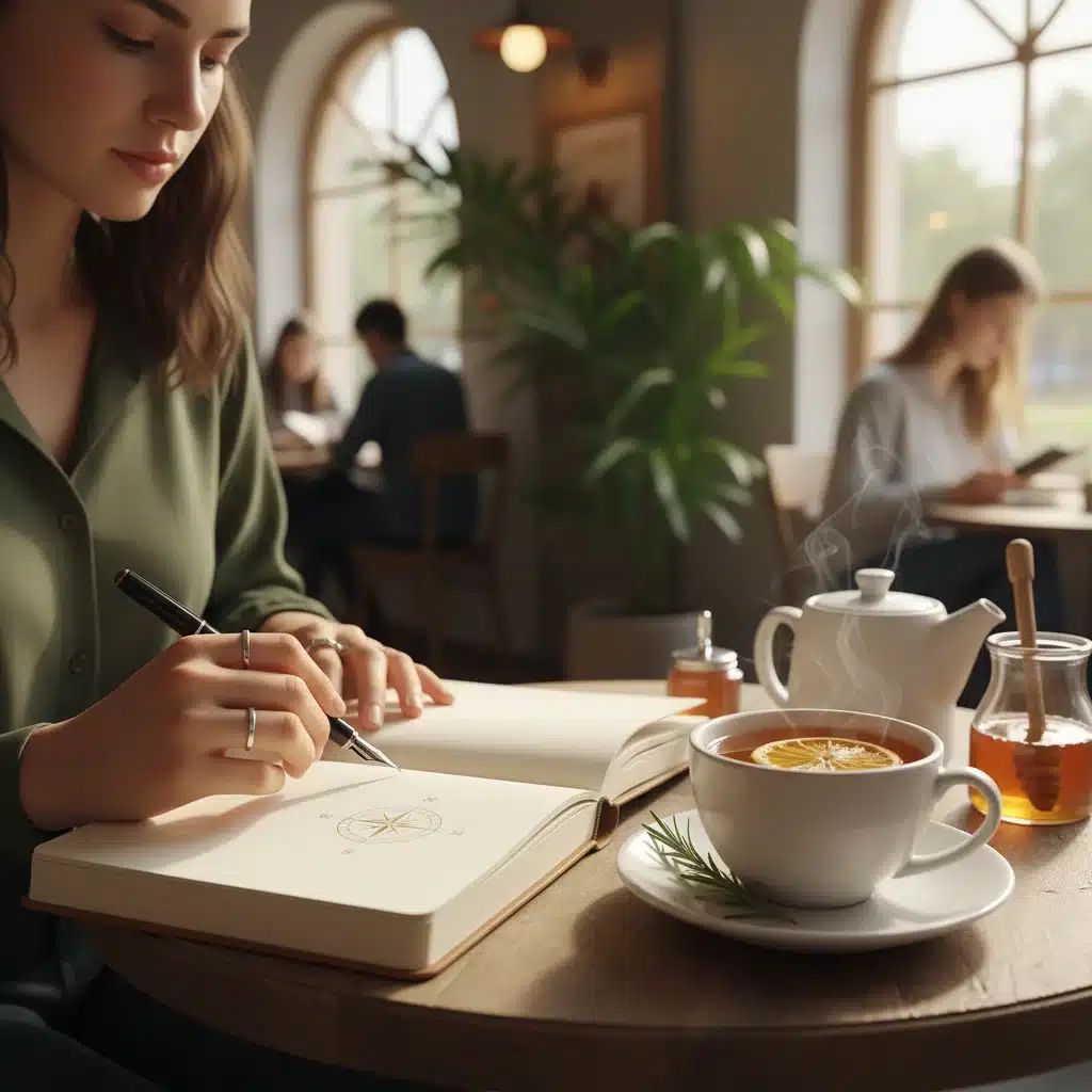 Person journaling in a quiet cafe, practicing self-reflection and mindful writing.