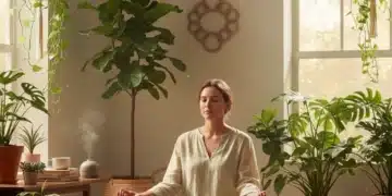 Person meditating in a sunlit room, embodying mindful living and peace.