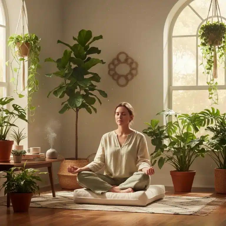 Person meditating in a sunlit room, embodying mindful living and peace.