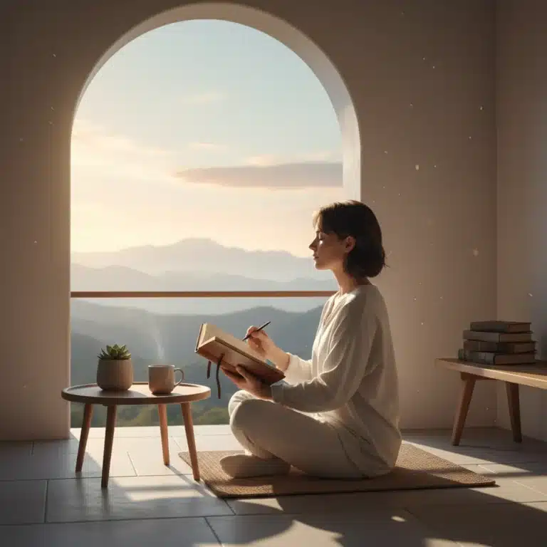Person enjoying a peaceful, device-free morning routine, meditating by a window.