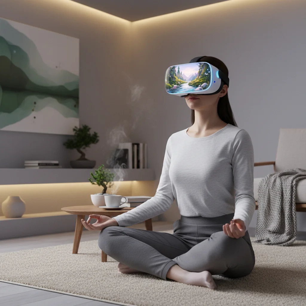 Person meditating with a VR headset in a peaceful setting, representing mindful technology.