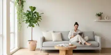 Minimalist Living 2026: Downsize for 20% Annual Savings Serene minimalist living room with natural light and a person reading, symbolizing financial freedom and simplicity.