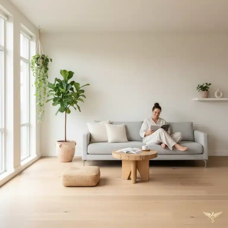 Serene minimalist living room with natural light and a person reading, symbolizing financial freedom and simplicity.
