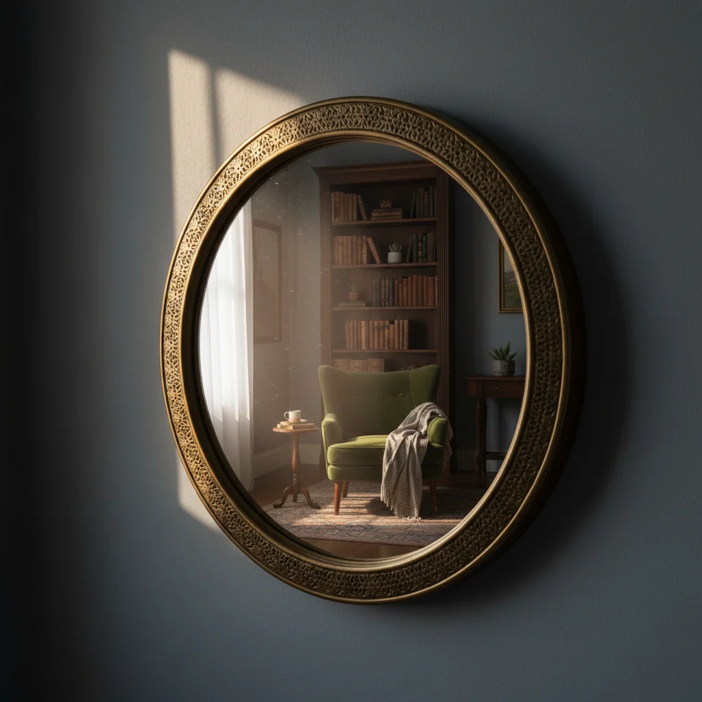 Decorative mirror reflecting sunlight into a dark room corner