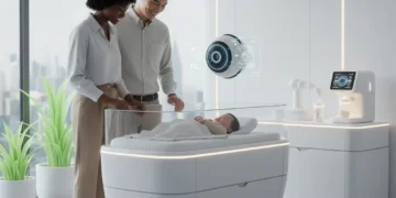 Parents using modern baby tech essentials in a smart nursery