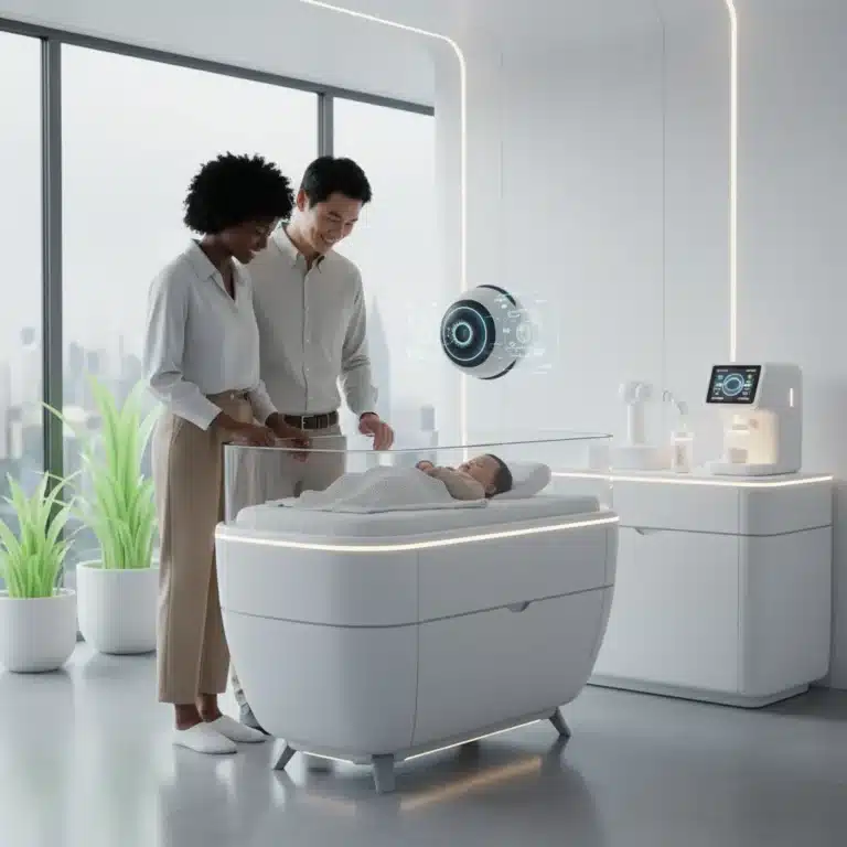 Parents using modern baby tech essentials in a smart nursery