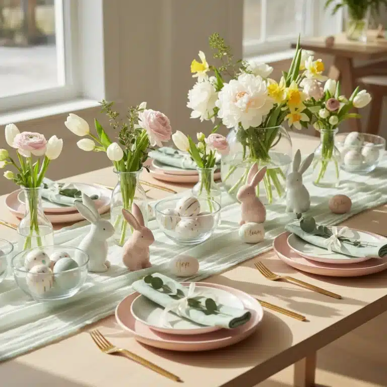 Modern Easter table setting with pastel decor and fresh flowers.