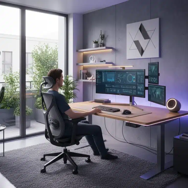 Modern ergonomic home office setup with comfortable worker