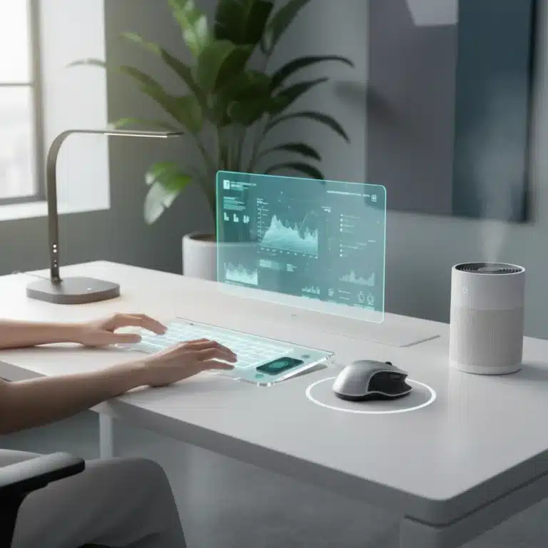 Modern office desk with innovative gadgets for enhanced focus and productivity