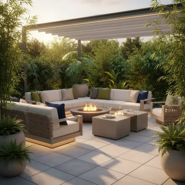 Modern patio with smart modular furniture and biophilic design for summer 2026