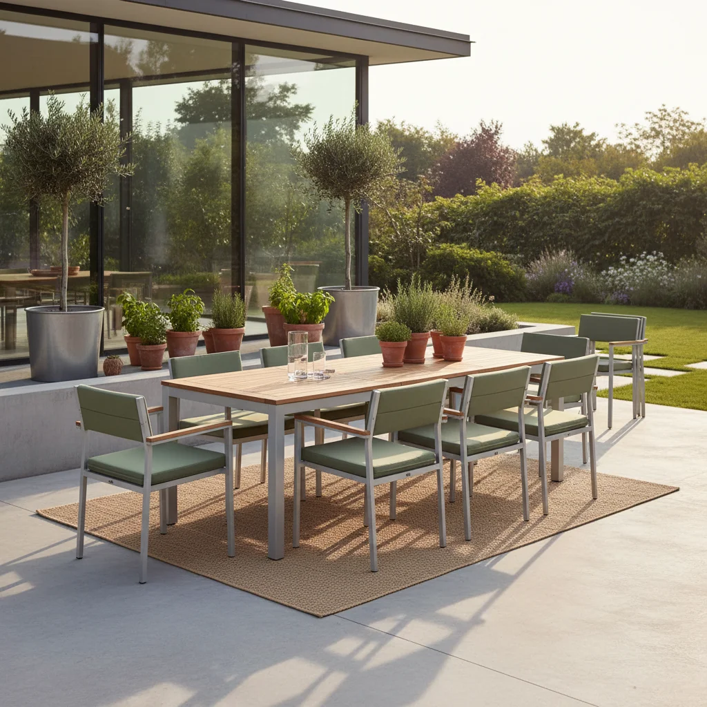 Versatile modular outdoor dining set with biophilic elements and natural wood