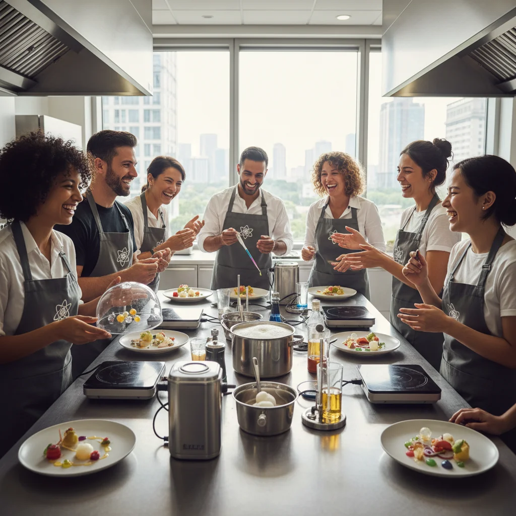 Friends enjoying a unique molecular gastronomy cooking class, learning new skills and sharing a fun experience.