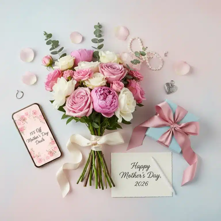 Mother's Day 2026 discount banner with flowers and gift