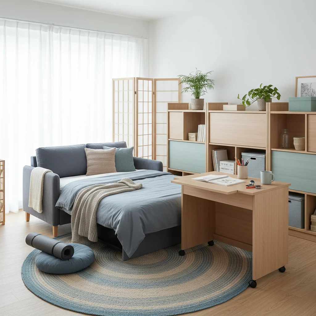 Multi-functional third space with adaptable furniture and modular shelving