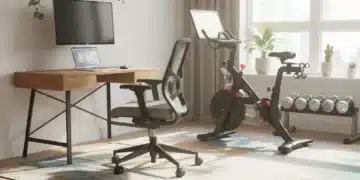 New Year's Home Upgrade: 20% Off Fitness & Home Office Gear Modern home office and fitness corner with 20% off sales banner