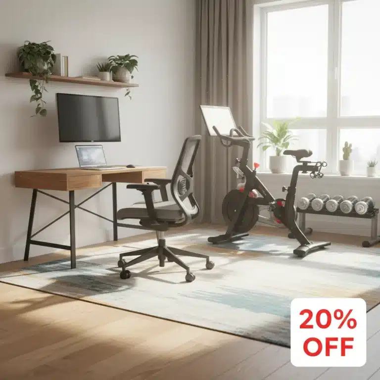 Modern home office and fitness corner with 20% off sales banner