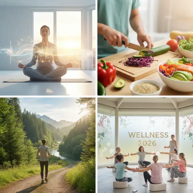 Diverse individuals engaging in modern wellness activities, symbolizing New Year's Resolutions for 2026.
