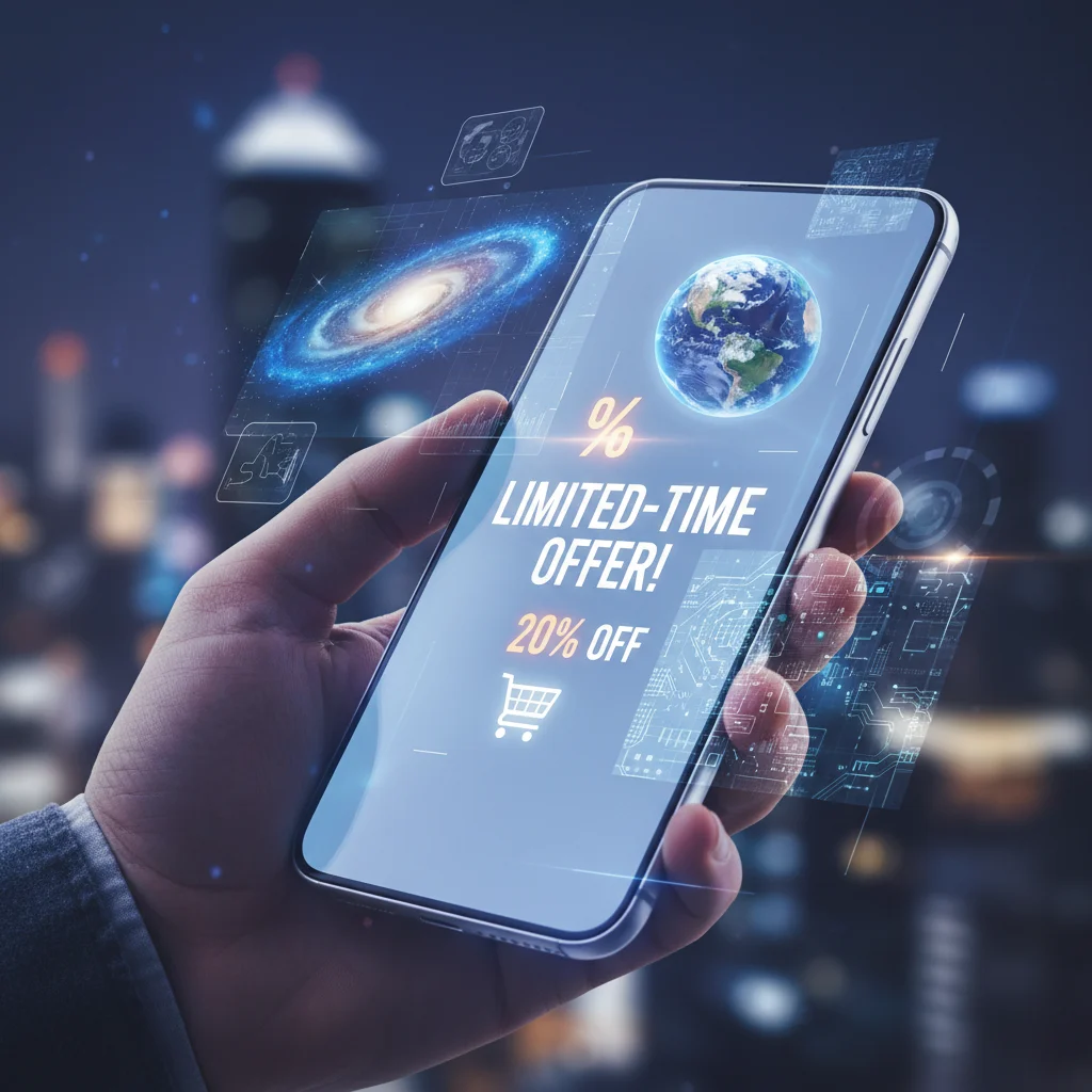 Futuristic smartphone with augmented reality features showcasing a special offer