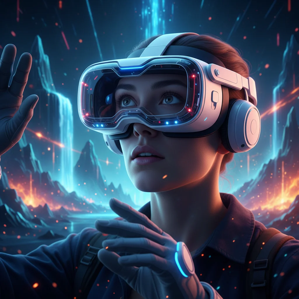 Person immersed in next-generation virtual reality headset in a vibrant digital world.
