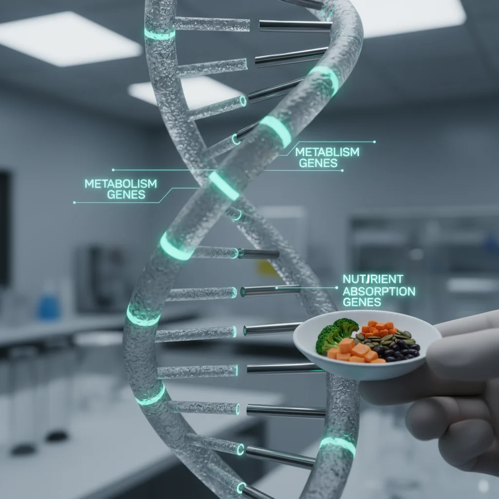 DNA helix with healthy food portions representing nutrigenomics