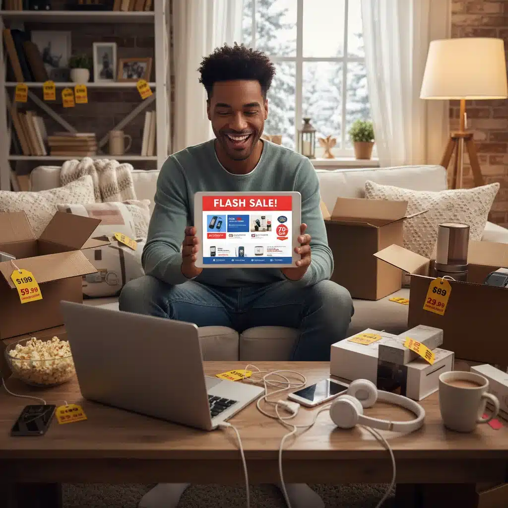 Shopper finding great deals online for electronics and home goods.