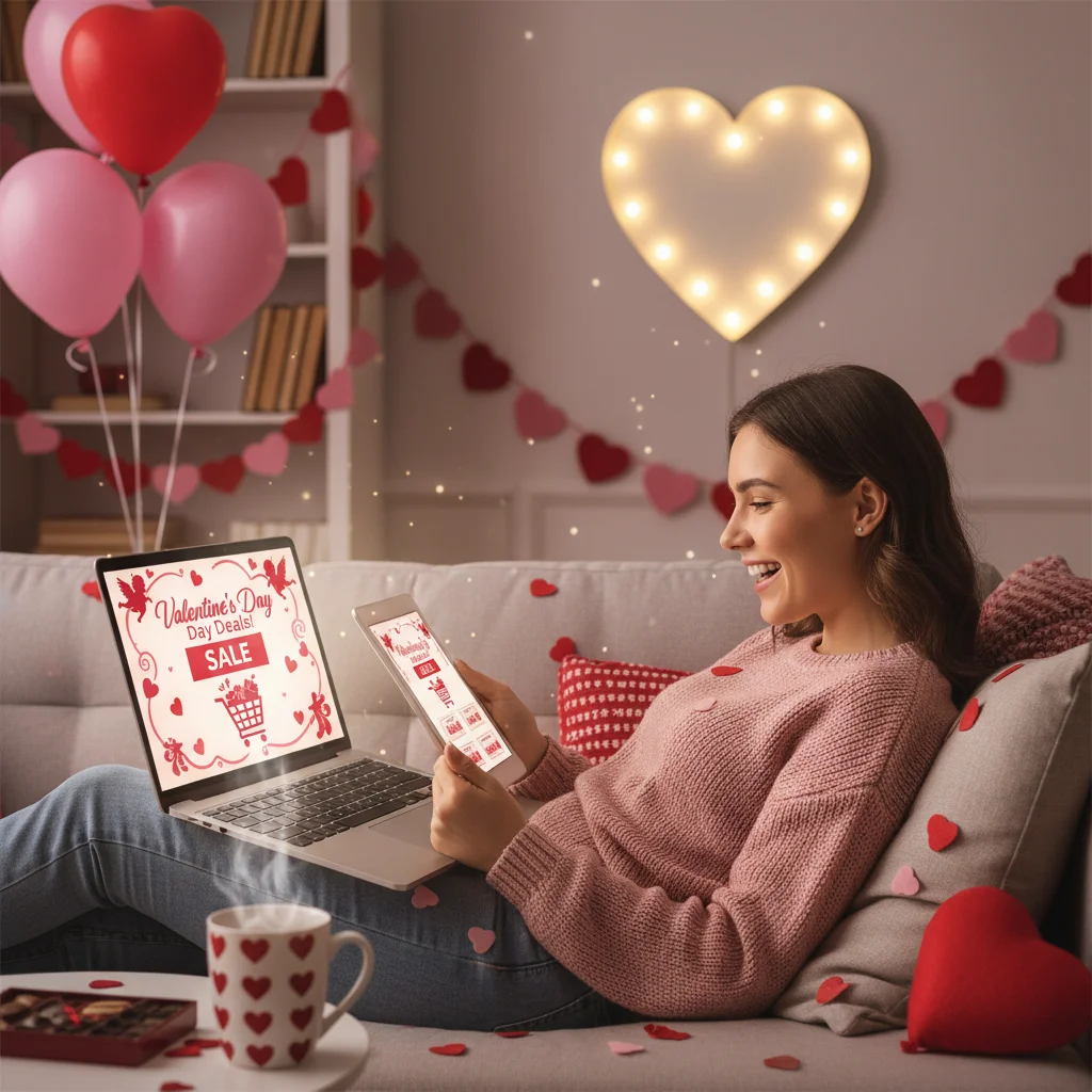 Online shopping for Valentine's Day gifts in early February with discount codes visible.