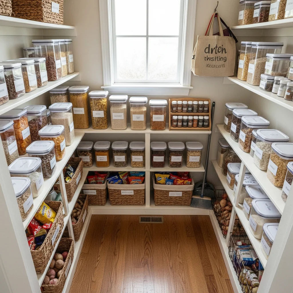 Neatly organized kitchen pantry with labeled containers.