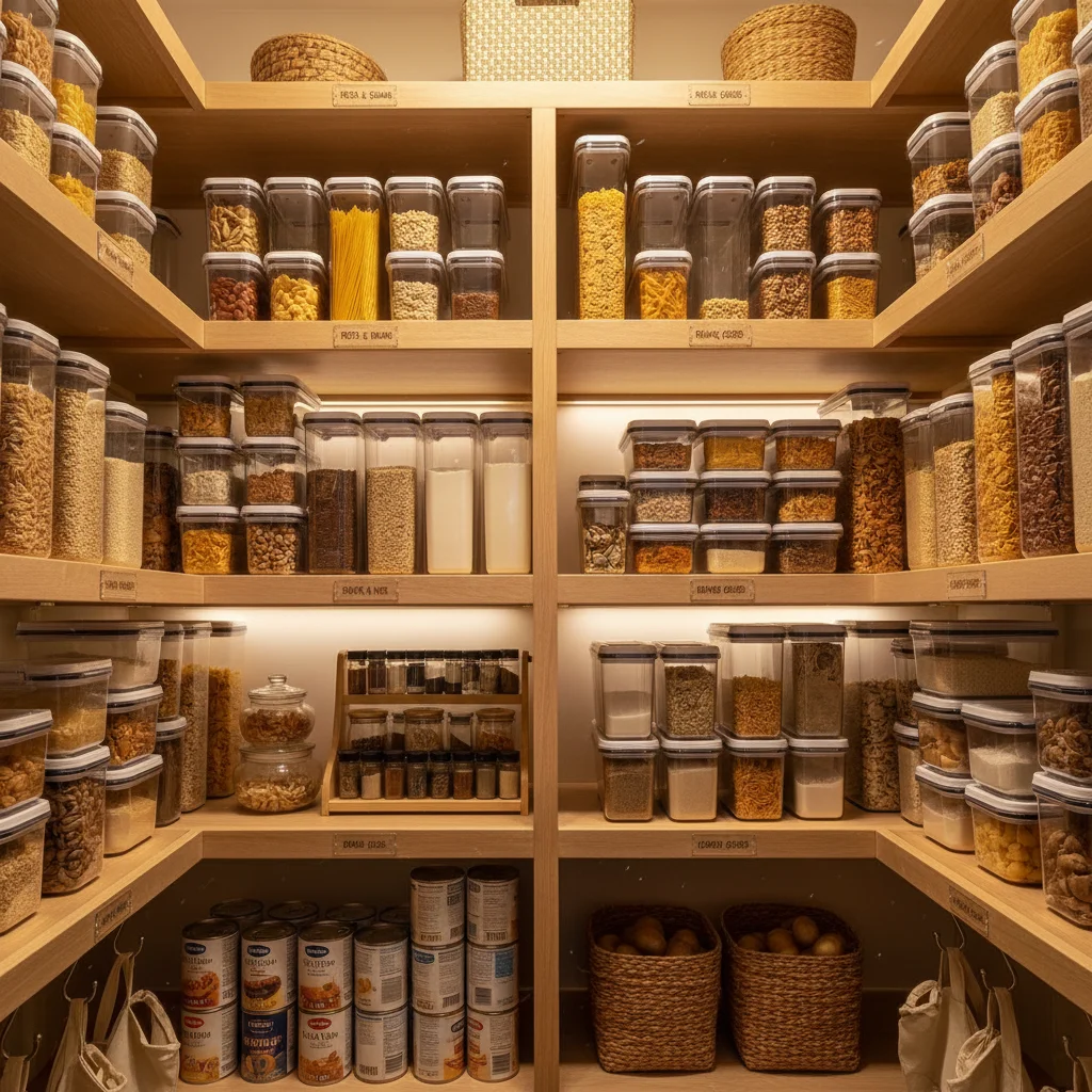 Neatly organized pantry with clear containers and labeled shelves.