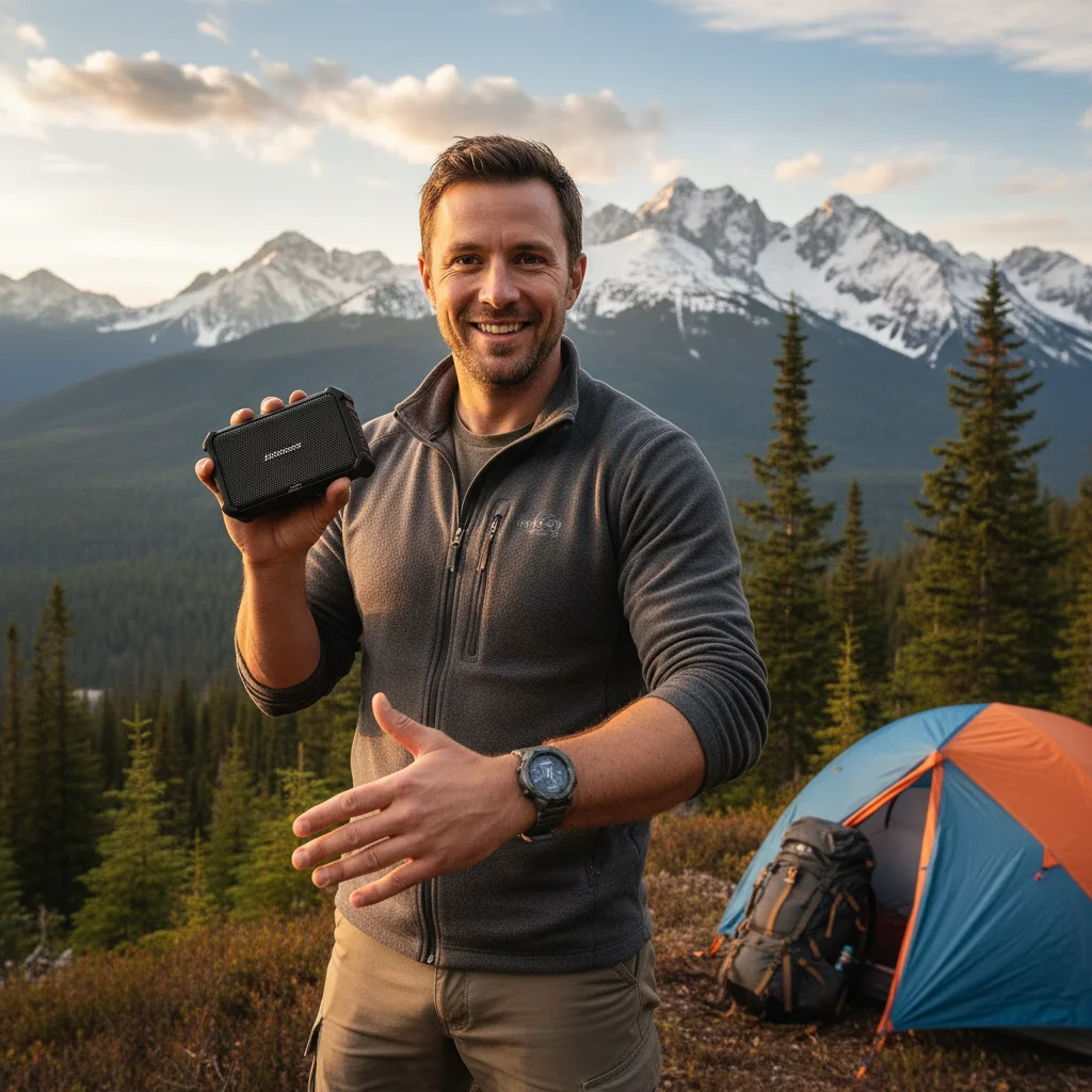 Dad enjoying outdoor adventure with tech gadgets