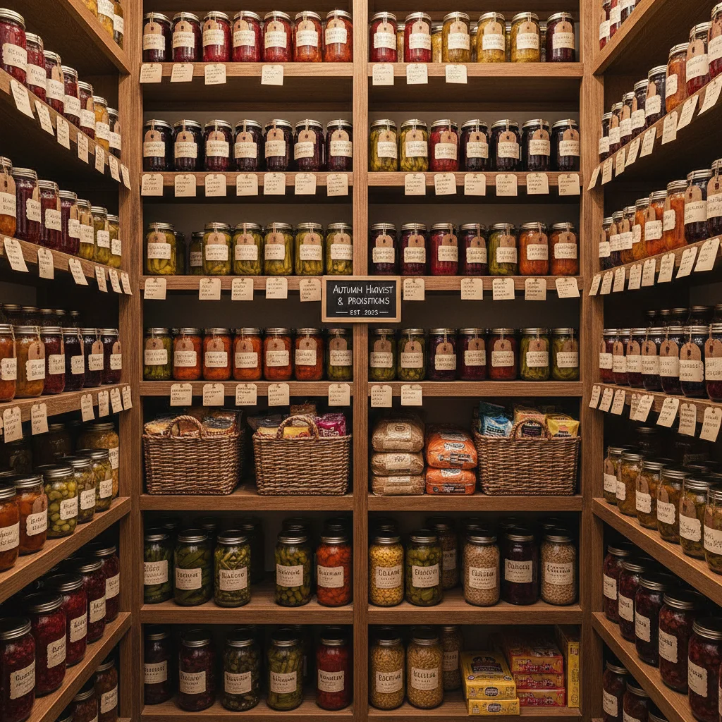 Organized pantry shelves filled with jars of home-preserved autumn produce.