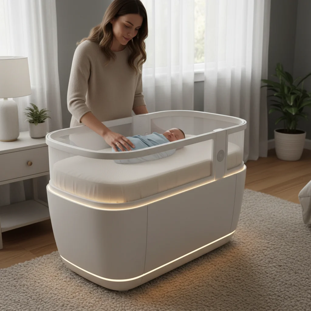 Parent placing baby into a technologically advanced smart bassinet