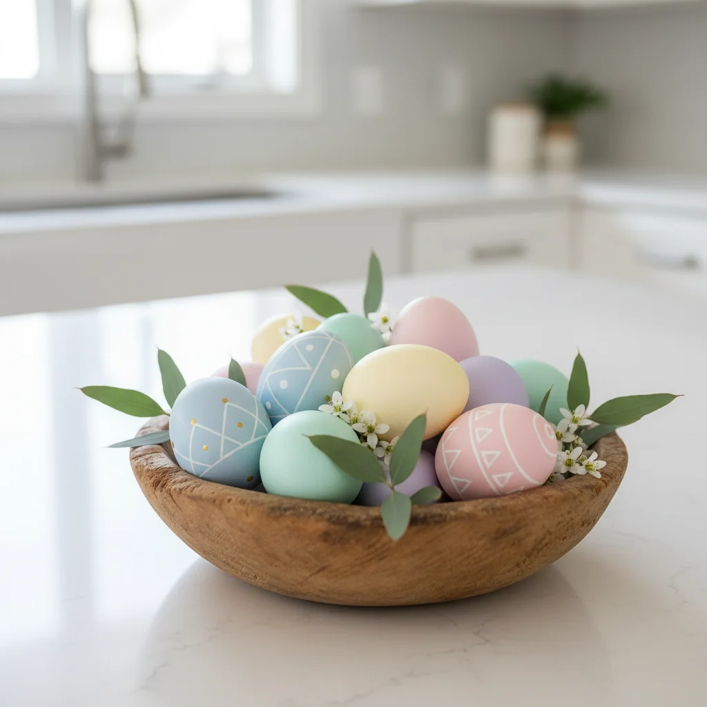Assortment of hand-painted pastel Easter eggs in a wooden bowl.