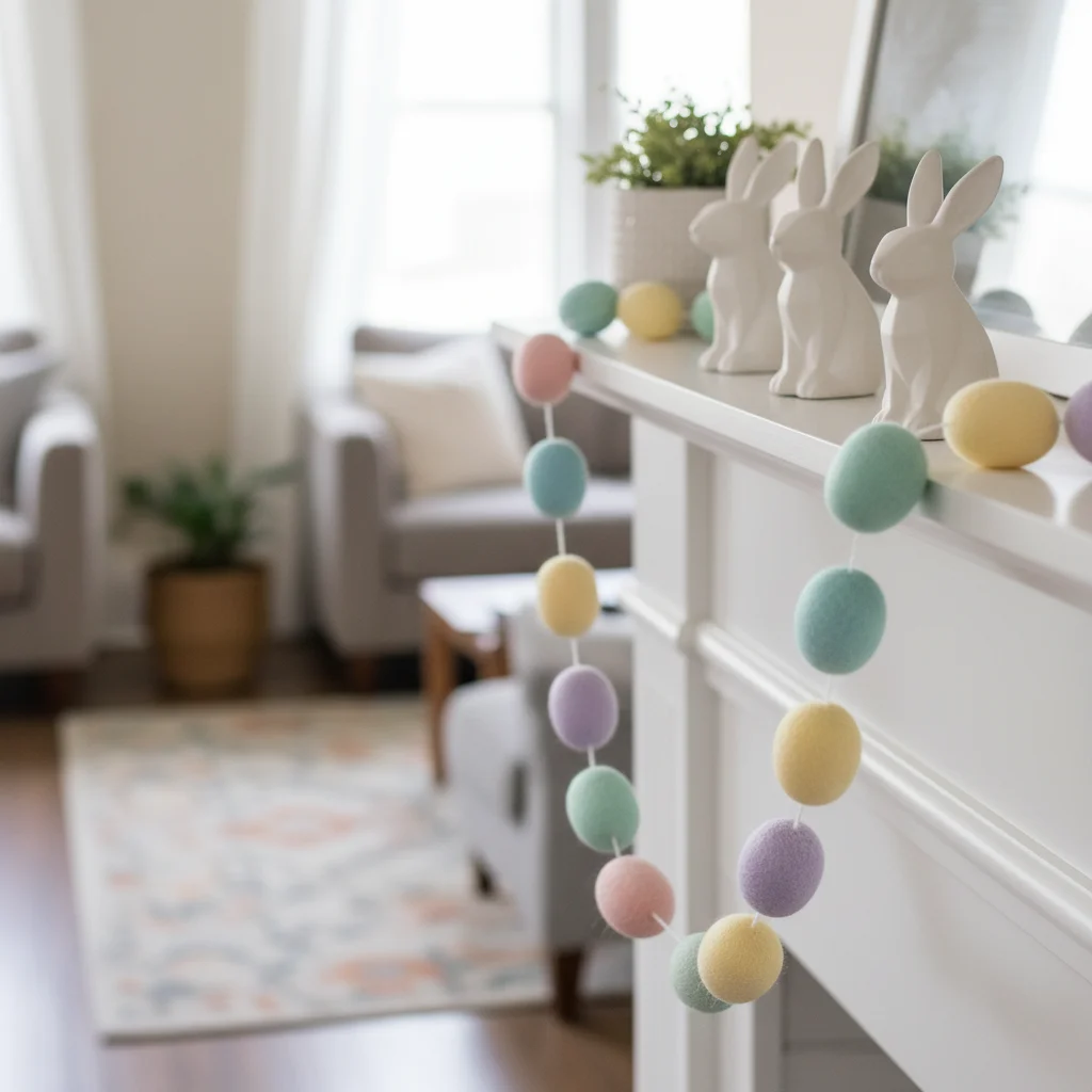 DIY pastel Easter garland on a fireplace mantel.