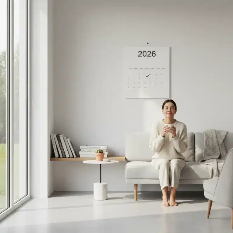 Peaceful, organized living room with a person enjoying a clutter-free space.