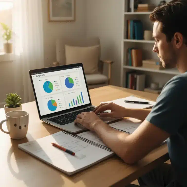 Person tracking expenses on laptop, visualizing mindful spending